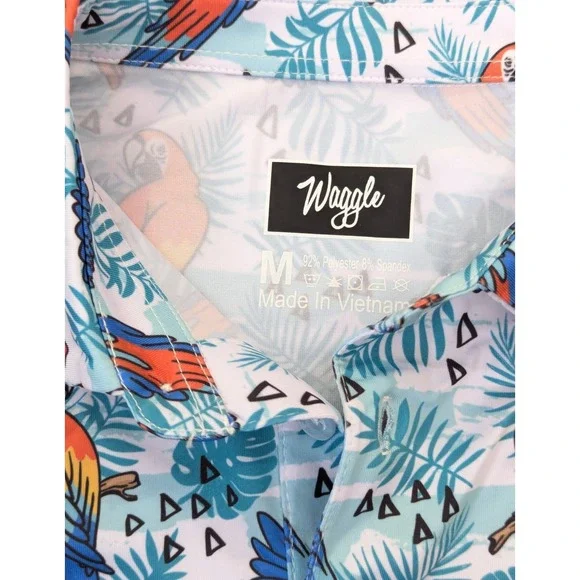 Waggle Golf Polo Shirt Tropical Parrot Palm Tree Print Men's MEDIUM Lightweight - Picture 3 of 6